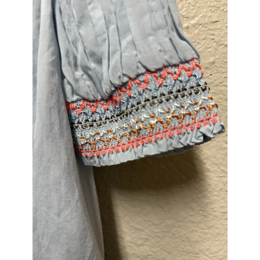Free People Blue Woven Floral Embroidered Smocked Off Shoulder Mini Dress S